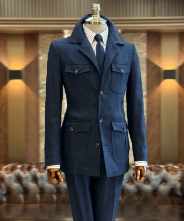 Men’s Dark Navy Safari Suit – Premium Tailored Four-Pocket Formal Suit | Berlinaf