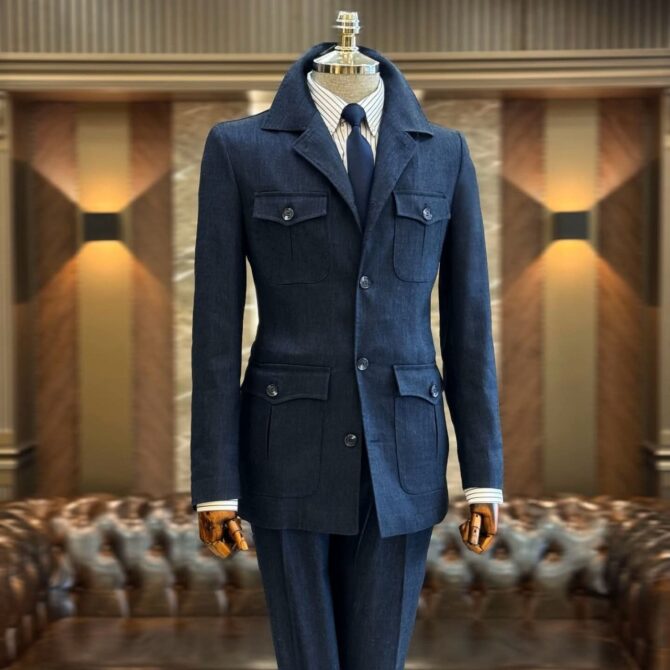 Men’s Dark Navy Safari Suit – Premium Tailored Four-Pocket Formal Suit | Berlinaf