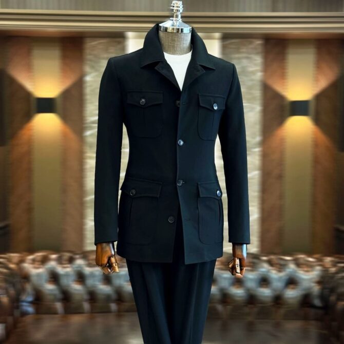 Men’s Dark Navy Safari Suit – Premium Tailored Four-Pocket Formal Suit | Berlinaf