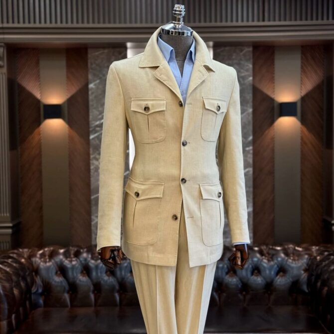 Men’s Dark Navy Safari Suit – Premium Tailored Four-Pocket Formal Suit | Berlinaf