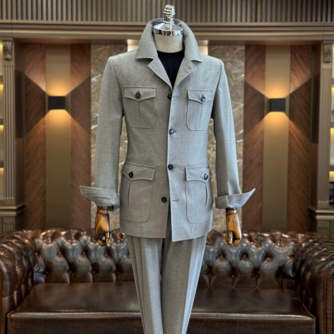 Men’s Dark Navy Safari Suit – Premium Tailored Four-Pocket Formal Suit | Berlinaf