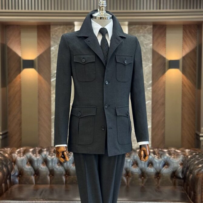 Men’s Dark Navy Safari Suit – Premium Tailored Four-Pocket Formal Suit | Berlinaf