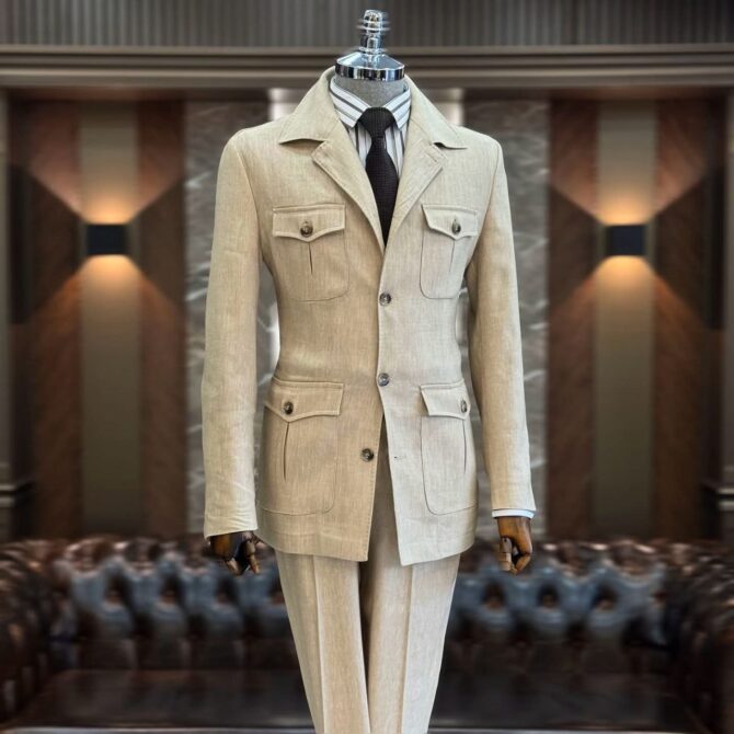 Men’s Dark Navy Safari Suit – Premium Tailored Four-Pocket Formal Suit | Berlinaf