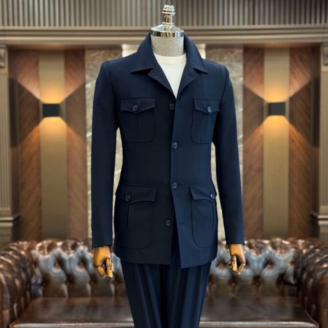 Men’s Dark Navy Safari Suit – Premium Tailored Four-Pocket Formal Suit | Berlinaf