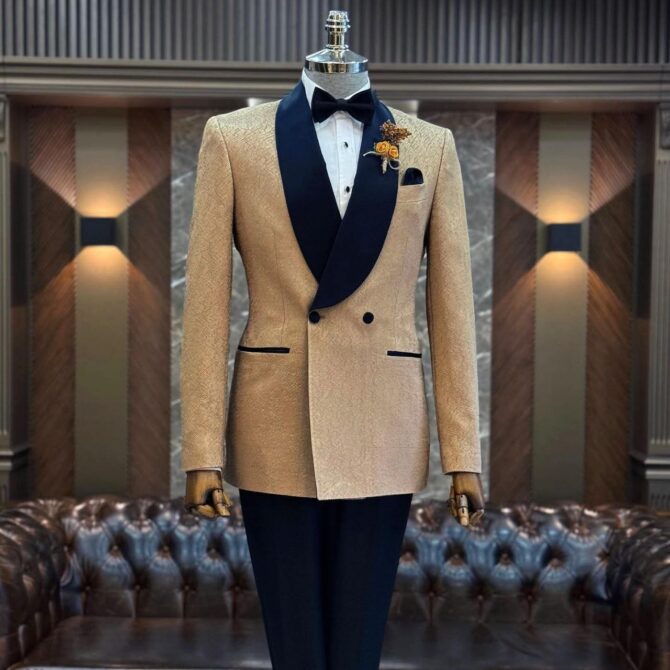 Beige Textured Tuxedo with Black Shawl Lapel – Elegant Wedding & Event Suit for Men | Berlinaf