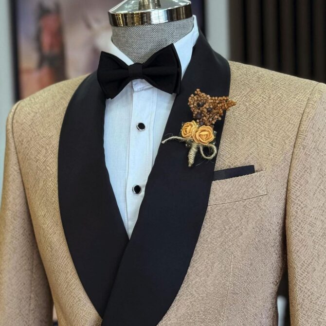 Beige Textured Tuxedo with Black Shawl Lapel – Elegant Wedding & Event Suit for Men | Berlinaf