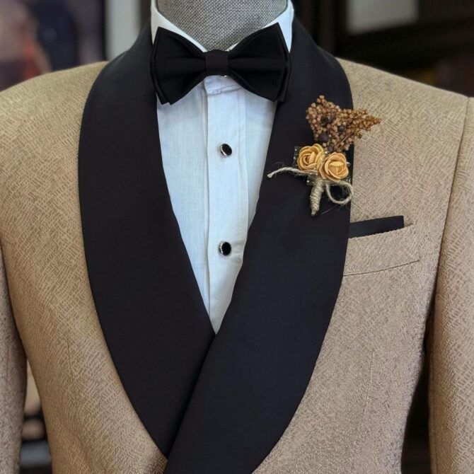 Beige Textured Tuxedo with Black Shawl Lapel – Elegant Wedding & Event Suit for Men | Berlinaf