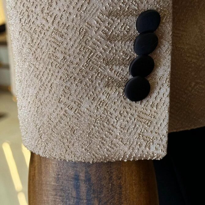 Beige Textured Tuxedo with Black Shawl Lapel – Elegant Wedding & Event Suit for Men | Berlinaf