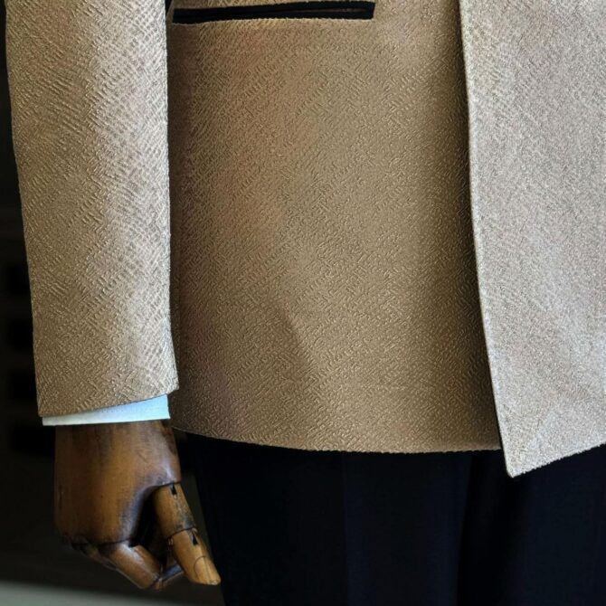 Beige Textured Tuxedo with Black Shawl Lapel – Elegant Wedding & Event Suit for Men | Berlinaf