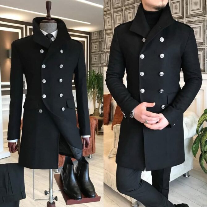Men’s Double-Breasted Grey Wool Coat – Winter Fashion | Berlinaf Germany