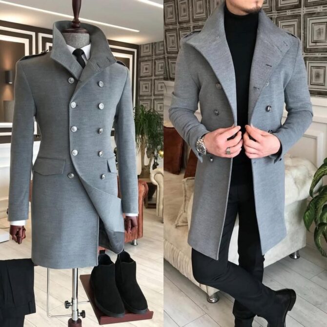 Men’s Double-Breasted Grey Wool Coat – Winter Fashion | Berlinaf Germany