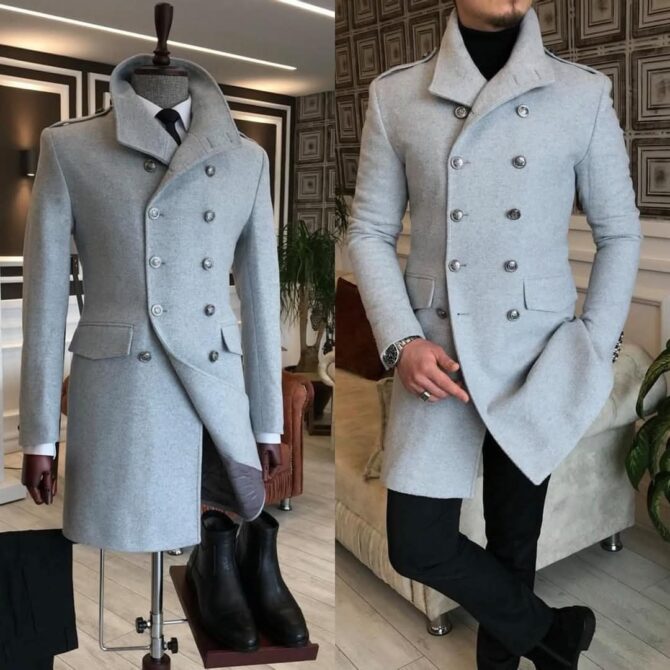Men’s Double-Breasted Grey Wool Coat – Winter Fashion | Berlinaf Germany