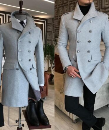 Men’s Double-Breasted Grey Wool Coat – Winter Fashion | Berlinaf Germany