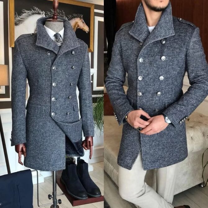Men’s Double-Breasted Grey Wool Coat – Winter Fashion | Berlinaf Germany