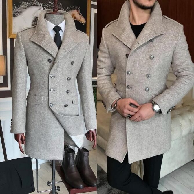 Men’s Double-Breasted Grey Wool Coat – Winter Fashion | Berlinaf Germany