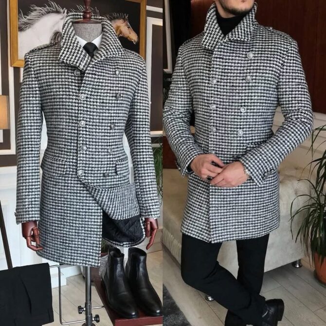 Men’s Double-Breasted Grey Wool Coat – Winter Fashion | Berlinaf Germany