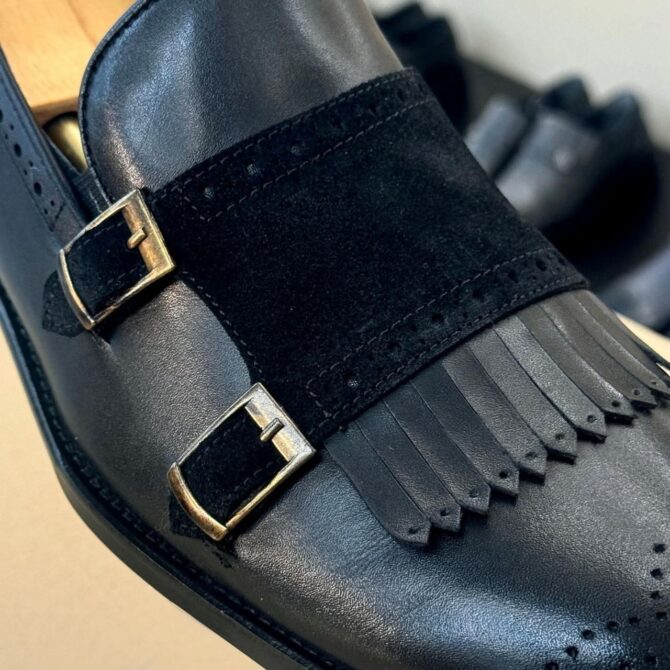 Men’s Black Double Monk Strap Dress Shoes with Suede Fringe and Brogue Detailing | Berlinaf.com