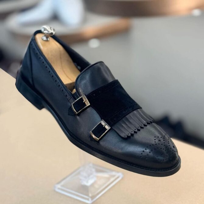 Men’s Black Double Monk Strap Dress Shoes with Suede Fringe and Brogue Detailing | Berlinaf.com