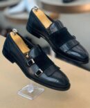 Men’s Black Double Monk Strap Dress Shoes with Suede Fringe and Brogue Detailing | Berlinaf.com
