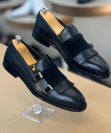 Men’s Black Double Monk Strap Dress Shoes with Suede Fringe and Brogue Detailing | Berlinaf.com