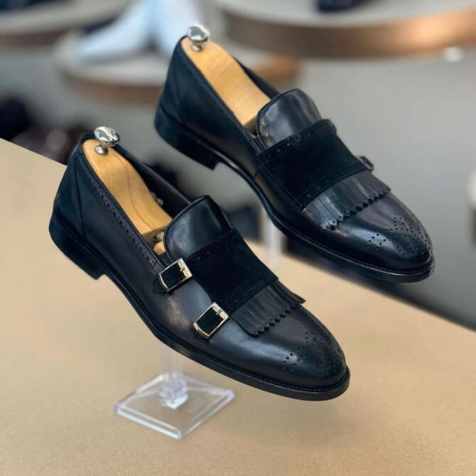 Men’s Black Double Monk Strap Dress Shoes with Suede Fringe and Brogue Detailing | Berlinaf.com