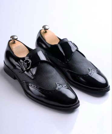 Men’s Black Monk Strap Dress Shoes with Glossy Patent Leather and Textured Fabric | Berlinaf.com