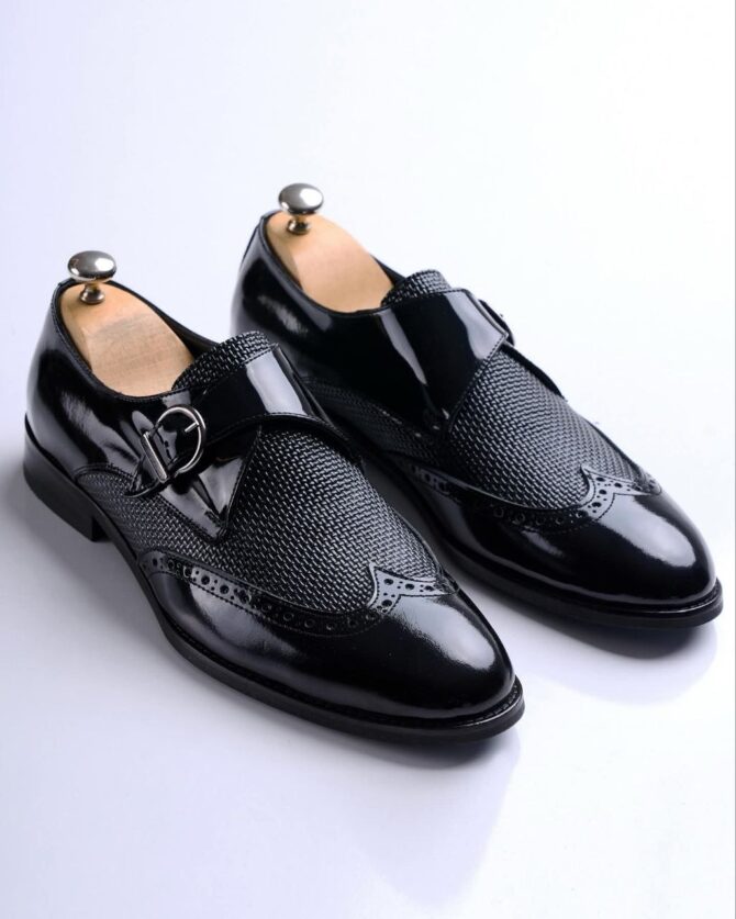 Men’s Black Monk Strap Dress Shoes with Glossy Patent Leather and Textured Fabric | Berlinaf.com