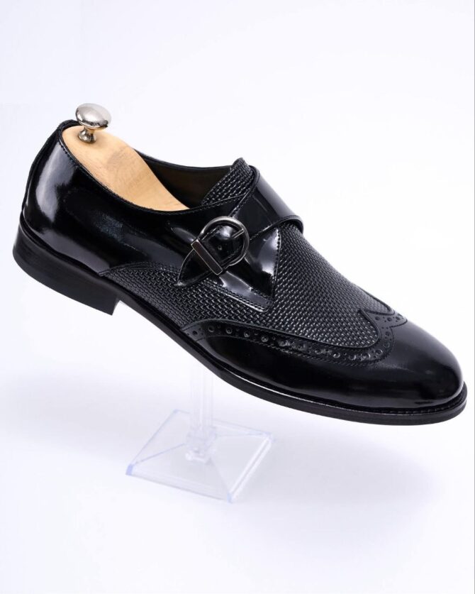 Men’s Black Monk Strap Dress Shoes with Glossy Patent Leather and Textured Fabric | Berlinaf.com