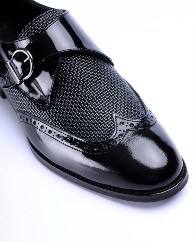 Men’s Black Monk Strap Dress Shoes with Glossy Patent Leather and Textured Fabric | Berlinaf.com
