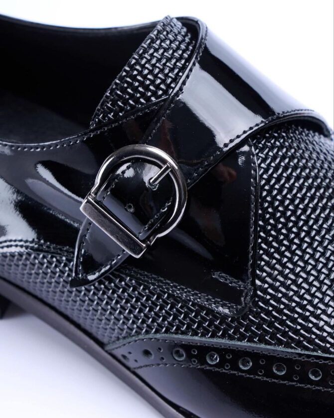 Men’s Black Monk Strap Dress Shoes with Glossy Patent Leather and Textured Fabric | Berlinaf.com