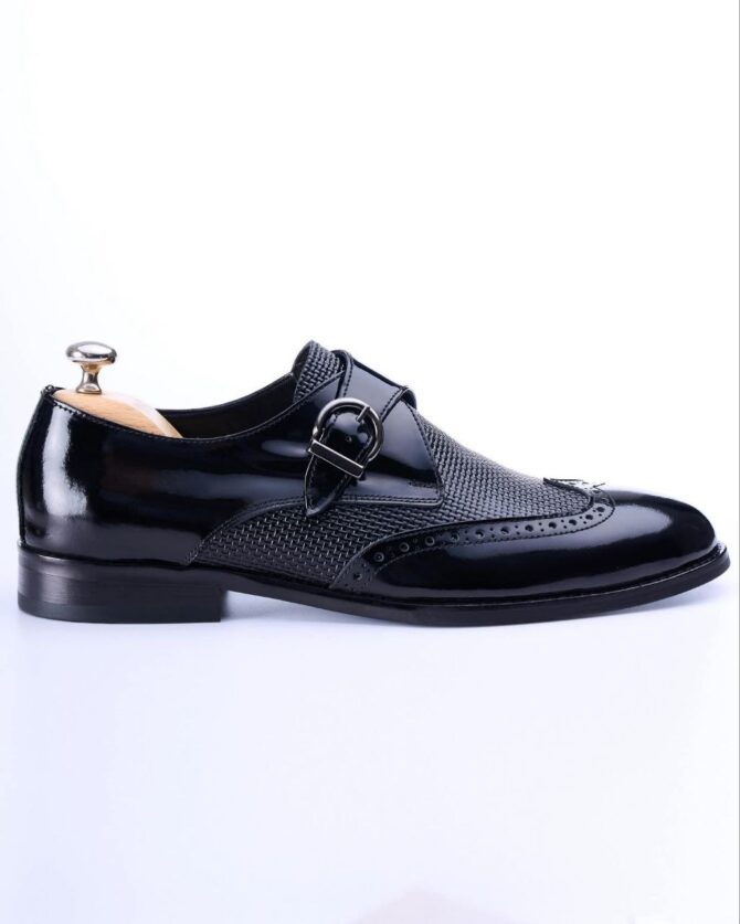 Men’s Black Monk Strap Dress Shoes with Glossy Patent Leather and Textured Fabric | Berlinaf.com