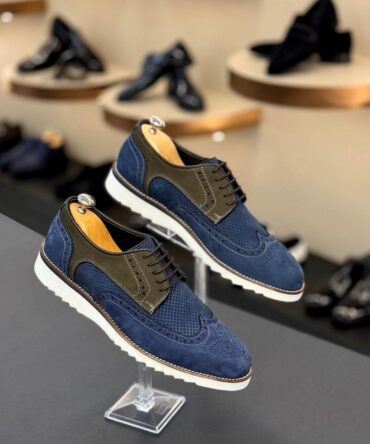 Men’s Blue & Olive Suede Wingtip Derby Shoes with White Sole – Smart Casual Footwear | Berlinaf.com