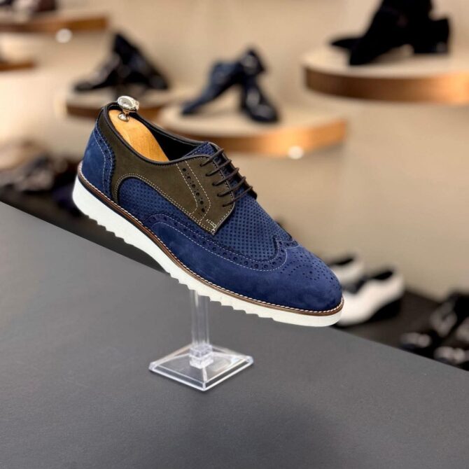 Men’s Blue & Olive Suede Wingtip Derby Shoes with White Sole – Smart Casual Footwear | Berlinaf.com