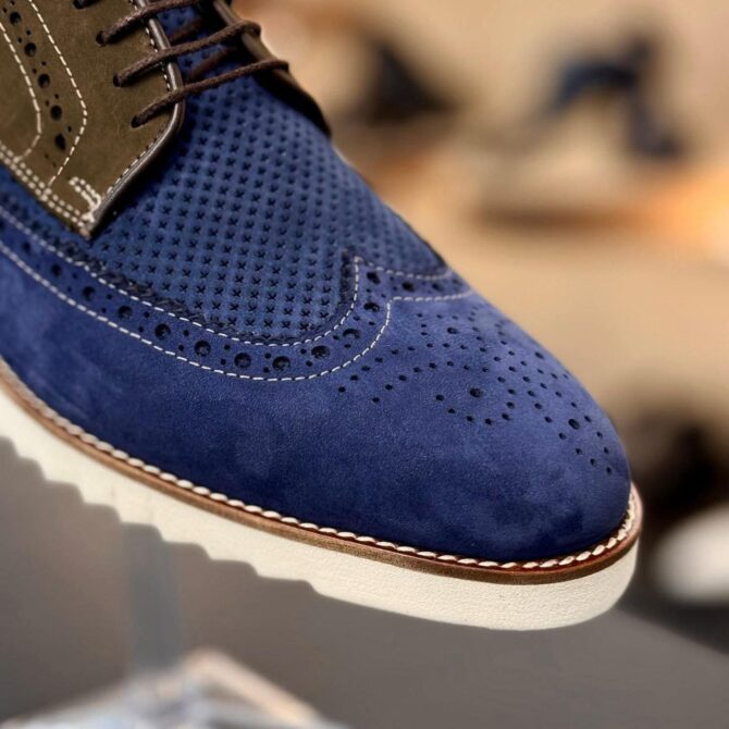 Men’s Blue & Olive Suede Wingtip Derby Shoes with White Sole – Smart Casual Footwear | Berlinaf.com