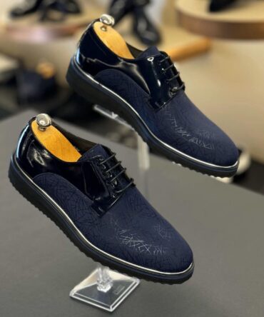 Men’s Navy Blue Dress Shoes with Patent Leather – Elegant Lace-Up Formal Footwear | berlinaf.com