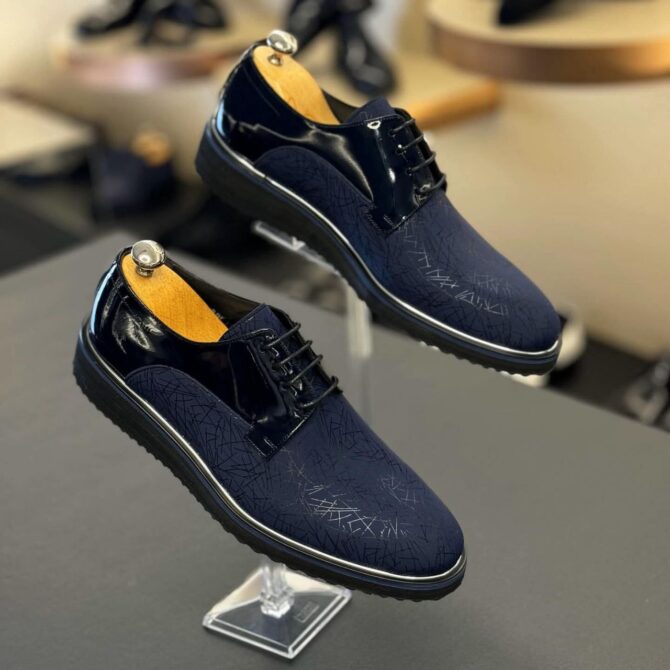 Men’s Navy Blue Dress Shoes with Patent Leather – Elegant Lace-Up Formal Footwear | berlinaf.com