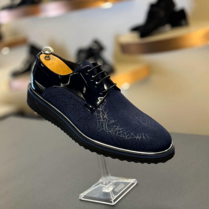 Men’s Navy Blue Dress Shoes with Patent Leather – Elegant Lace-Up Formal Footwear | berlinaf.com